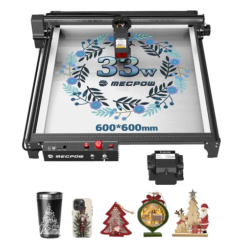 Mecpow X5 Pro Laser Engraver Cutter, 33W Laser Power, Auto Air Assist, 0.08x0.1mm Laser Spot, 28000mm/min Engraving Speed, Safety Lock, Emergency Stop, Flame Detection, Offline Engraving, 600x600mm
