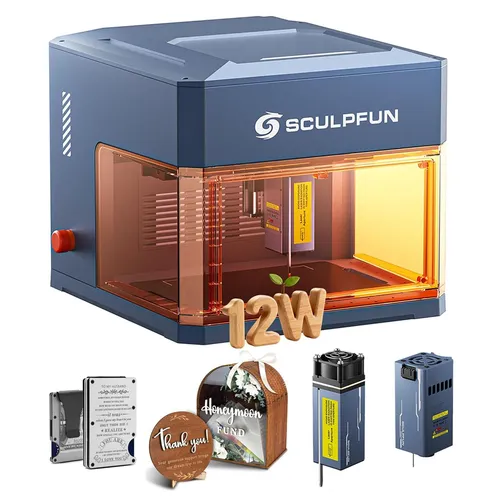 SCULPFUN iCube Ultra Dual 12W+1.2W Laser Engraver, 10000mm/min Speed, 0.08/0.03mm Laser Spot, 150x135mm Working Area, Built-in Smoke Filter, 4 Light Modes, Easy to Assemble