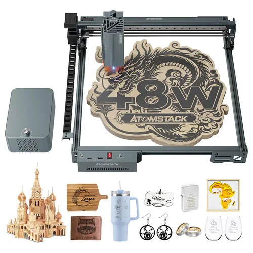 ATOMSTACK A40 Pro V2 48W Laser Engraver, with Auto Air Assist, 500mm/s Speed, 0.01mm Precision, 0.08x0.1mm Laser Spot, 25mm Paulownia/ 9mm MDF Wood in One Pass, 395*385mm
