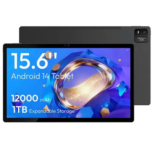 MESWAO B3 Pro Tablet, 15.6 inch 1920*1080 IPS Screen, MTK Helio G99 8 Cores, 8GB RAM 256GB ROM, Android 14, WiFi 5 Bluetooth 5.0, 12000mAh Battery, 32MP+5MP Camera, 4*Speakers - EU Plug, Black