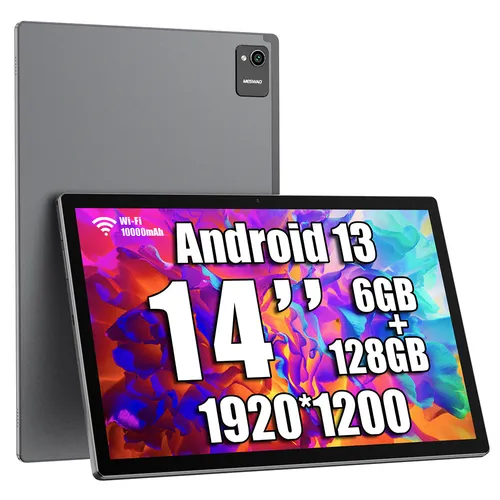 MESWAO B2 Tablet, 14 inch 1920*1200 IPS Screen, MTK6769 8 Cores, 6GB RAM 128GB ROM, Android 13, WiFi 5 Bluetooth 5.0, 10000mAh Battery, 32MP+5MP Camera, 4*Speakers - US Plug, Grey