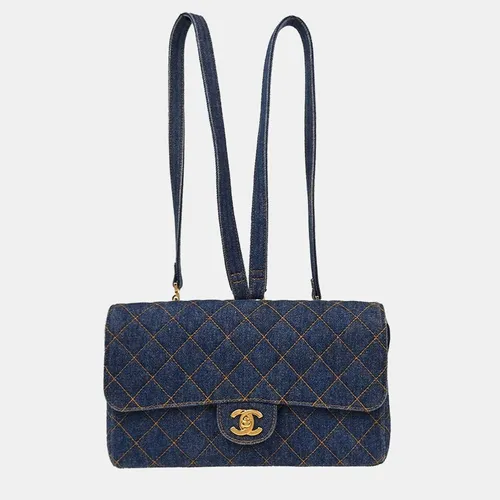 Chanel Vintage Quilted 1996 1997 Blue Denim Flap Backpack Bag