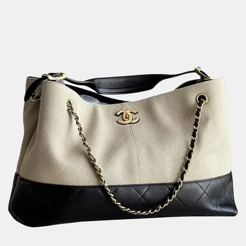 Chanel Hobo Beige Black Canvas Calfskin Leather Shoulder Bag
