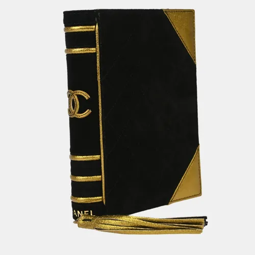 Chanel 2004 Vintage Bible Book CC Minaudiere Black Suede Metallic Gold Leather Clutch Bag