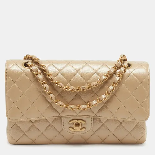 Chanel Classic Double Flap Medium Metallic Beige Quilted Caviar Leather Shoulder Bag