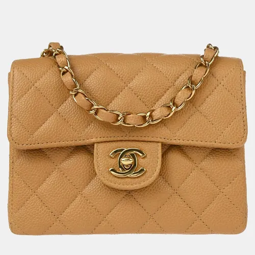 Chanel Classic Square Mini Beige Caviar Leather Shoulder Bag