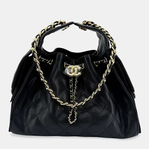 Chanel Small Drawstring Black Grained Calfskin Leather Shoulder Bag