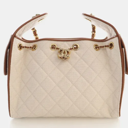 Chanel 25 Small Ecru Canvas Camel Calfskin Leather Hobo Bag
