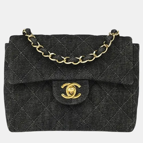 Chanel Classic Mini Square Black Denim Gold Tone Hardware Shoulder Bag