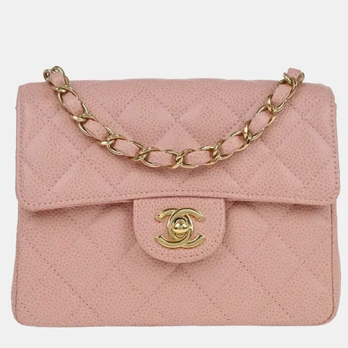 Chanel Mini Classic Square Flap Pink Caviar Calfskin Crossbody Bag
