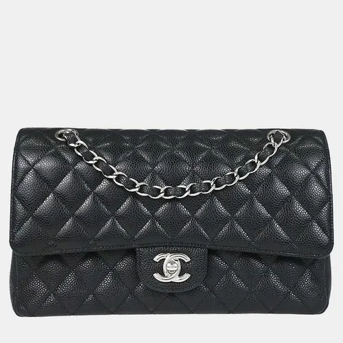 Chanel Classic Medium Black Grained Calfskin Leather Double Flap Shoulder Bag