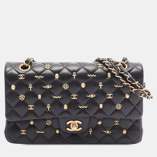 Chanel Medium Classic Egyptian Amulet Charms Black Lambskin Leather Double Flap Bag