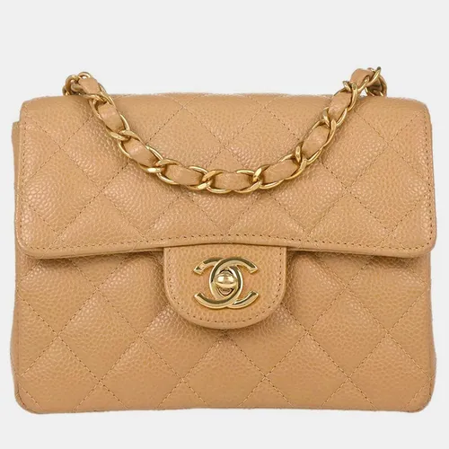 Chanel Mini Classic Square Flap Beige Caviar Leather Shoulder Bag
