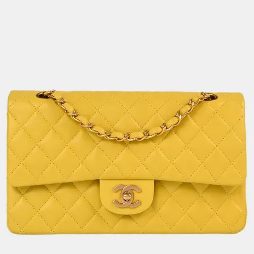 Chanel Yellow Lambskin Medium Classic Double Flap Shoulder Bag