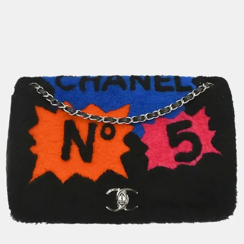 Chanel No. 5 Comic Shearling Jumbo Black Multicolor Lambskin Shoulder Flap Bag