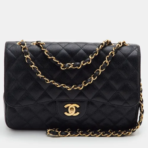Chanel Classic Single Flap Jumbo Black Quilted Caviar Leather Shoulder Bag