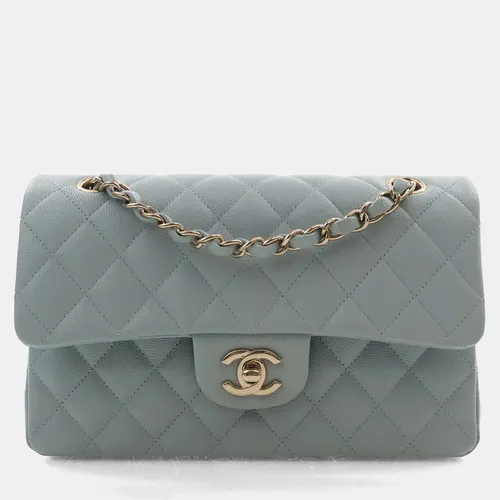 Chanel Classic Double Flap Small Light Blue Caviar Grained Calfskin Leather Shoulder Bag