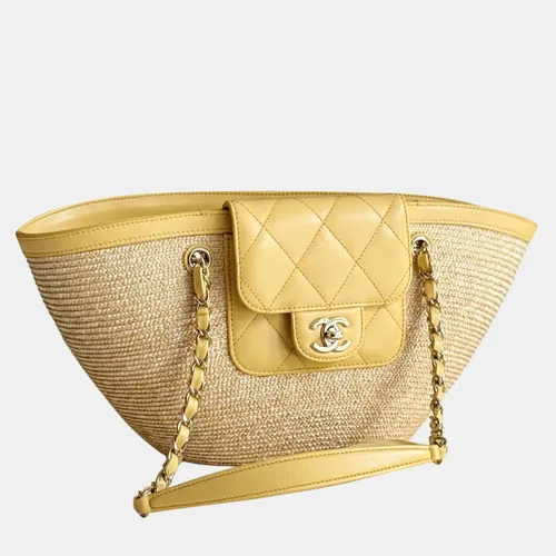 Chanel Coco Beach Raffia Lambskin Leather Yellow Gold Tone Tote Bag
