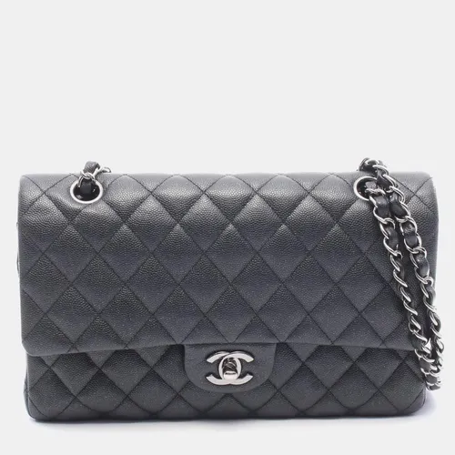 Chanel Classic Medium Black Quilted Caviar Grained Calfskin Leather Double Flap Shoulder Bag