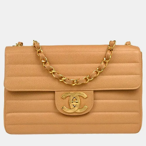 Chanel Vintage Horizontal Quilted Jumbo Beige Caviar Leather Single Flap Bag