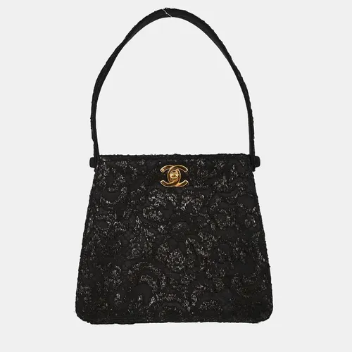 Chanel Double Sided Lace Turnlock Black Satin Lace Shoulder Bag