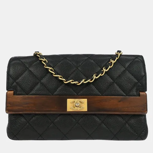 Chanel Black Calfskin Wood Straight Flap Shoulder Bag