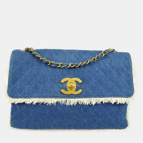 Chanel Blue Denim Maxi Straight Flap Shoulder Bag