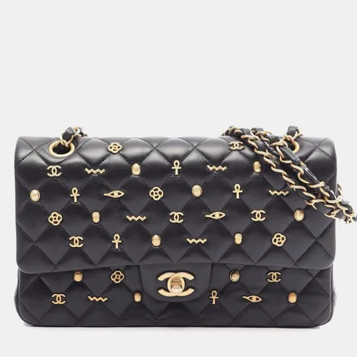 Chanel Egypt Amulet Charm Medium Black Lambskin Leather Double Flap Shoulder Bag