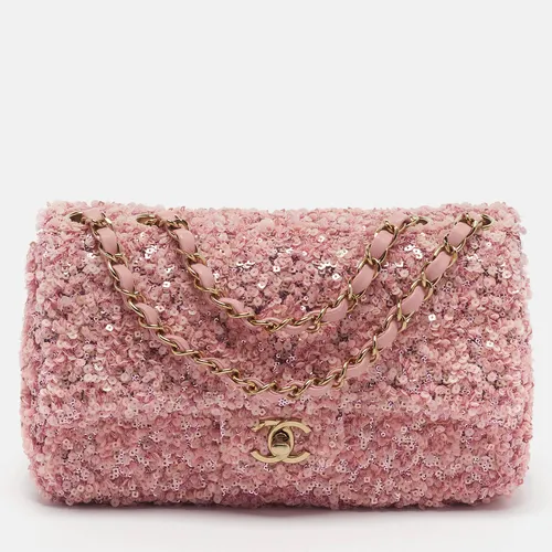 Chanel Classic Single Small Pink Leather and Sequins Flap Bag