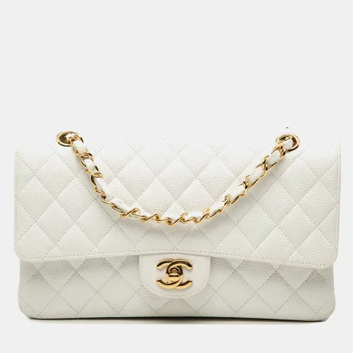 Chanel Classic Medium White Caviar Calfskin Leather Shoulder Bag