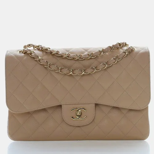 Chanel Classic Jumbo Beige Grained Calfskin Leather Shoulder Bag