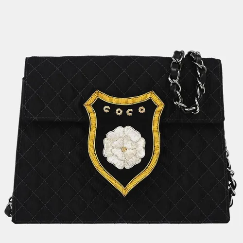 Chanel Cruise 2005 Camellia Crest Emblem Black Canvas Flap Chain Shoulder Bag