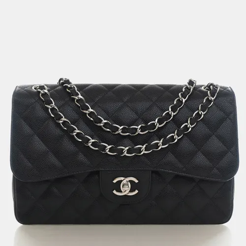 Chanel Classic Double Flap Jumbo Black Grained Caviar Calfskin Leather Shoulder Bag