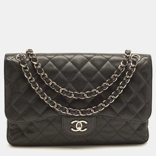 Chanel Classic Double Flap Jumbo Black Quilted Caviar Leather Bag