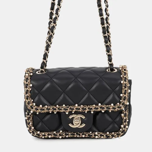 Chanel Mini Matelasse Black Lambskin Faux Pearl Single Flap Shoulder Bag