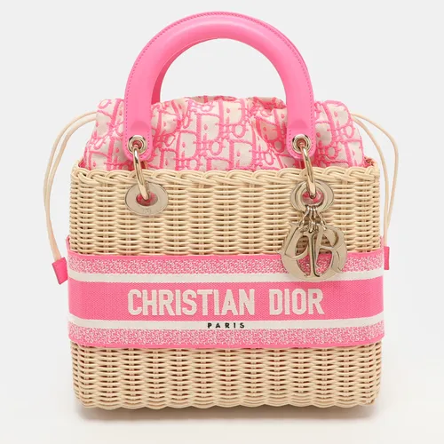 Dior Lady Dior Medium Pink/Natural Wicker and Embroidered Canvas Tote