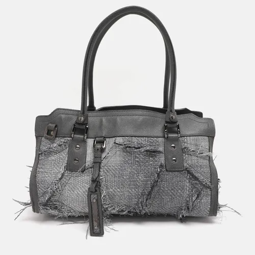 Burberry Grey Leather and Woven Patchwork