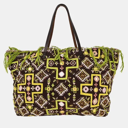 Fendi Beads Embroidered Brown Canvas Tote