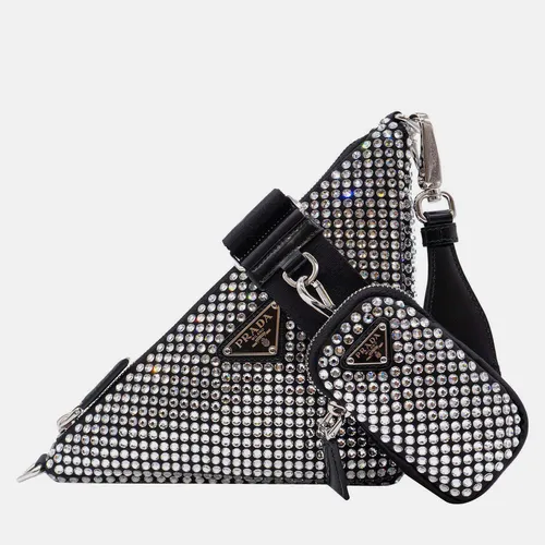 Prada Triangle Small Black Satin Crystal