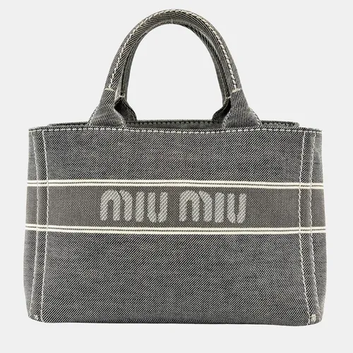 Miu Miu Logo Print Small Black Denim Tote