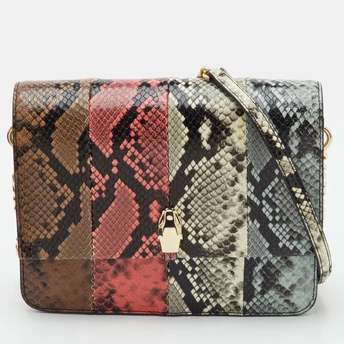 Roberto Cavalli Multicolor Snakeskin Embossed Leather Flap Shoulder Bag
