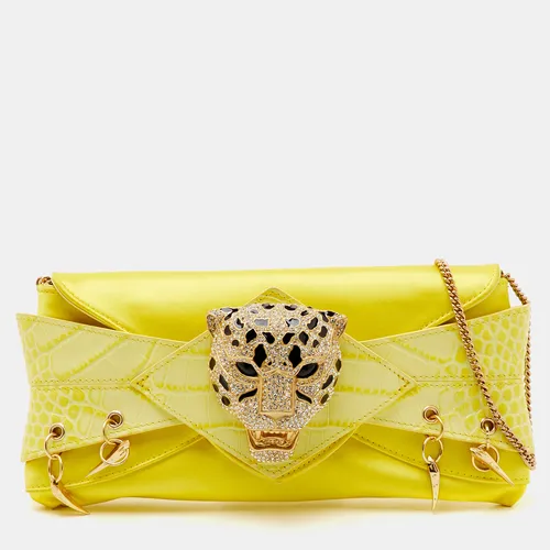Roberto Cavalli Yellow Croc Embossed Leather and Satin Chain Clutch