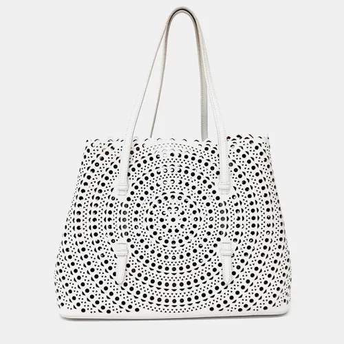 Alaia Mina 32 White Calfskin Leather Laser-Cut Tote Bag