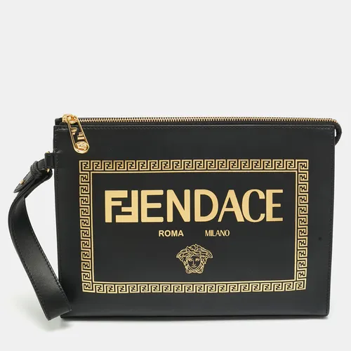 Fendi x Versace Fendace Logo Black Leather Wristlet Zip Pouch