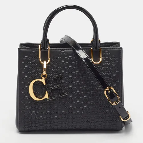 CH Carolina Herrera Duchess Small Black Rosetta Insignia Embossed Leather Tote