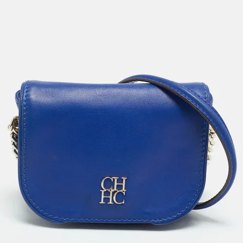CH Carolina Herrera Baltazar Blue Leather Flap Crossbody Bag