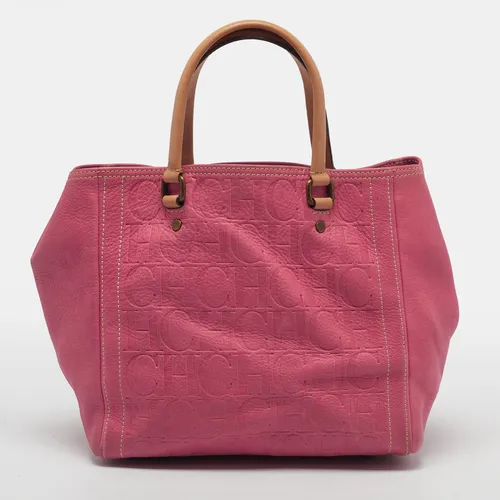 CH Carolina Herrera Andy Pink Monogram Embossed Leather Tote