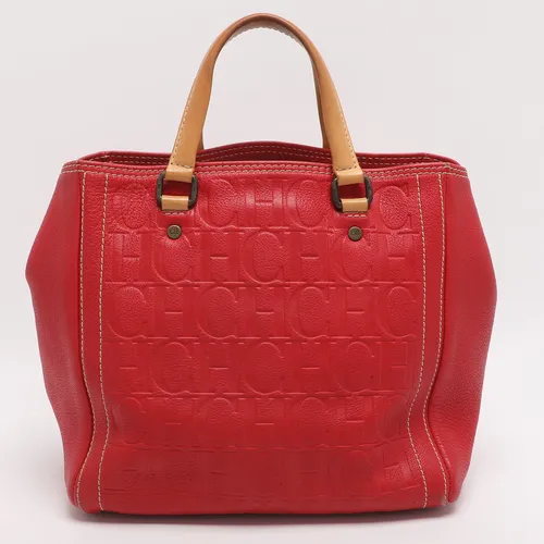 CH Carolina Herrera Red/Beige Monogram Embossed Leather Tote