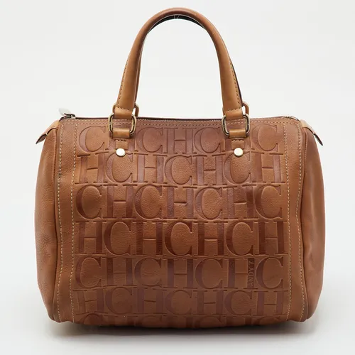 CH Carolina Herrera Andy Brown Monogram Embossed Leather Boston Bag