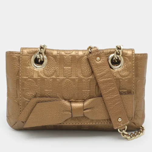CH Carolina Herrera Audrey Gold Monogram Leather Shoulder Bag